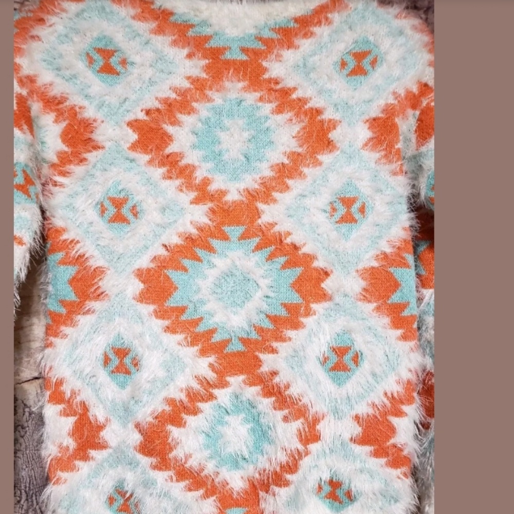Fuzzy Aztec Pattern Sweater Small Orange Teal Cre… - image 6